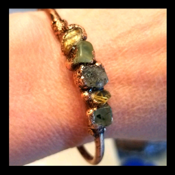 Handmade Jewelry Set Aventurine Golden Quartz Cuff Copper Bracelet Earrings - Picture 3 of 13